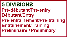 Zone de Texte: 5 DIVISIONSPr�-d�butant/Pre-entryD�butant/EntryPr�-entra�nement/Pre-trainingEntra�nement/TrainingPr�liminaire E/ Preliminary T