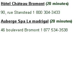 Zone de Texte: H�tel Ch�teau Bromont (20 minutes)90, rue Stanstead 1 800 304-3433Auberge Spa Le madrigal (20 minutes)46 boulevard Bromont 1 877 534-3538